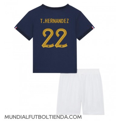 Camiseta Francia Theo Hernandez #22 Primera Equipación Replica Mundial 2022 para niños mangas cortas (+ Pantalones cortos)